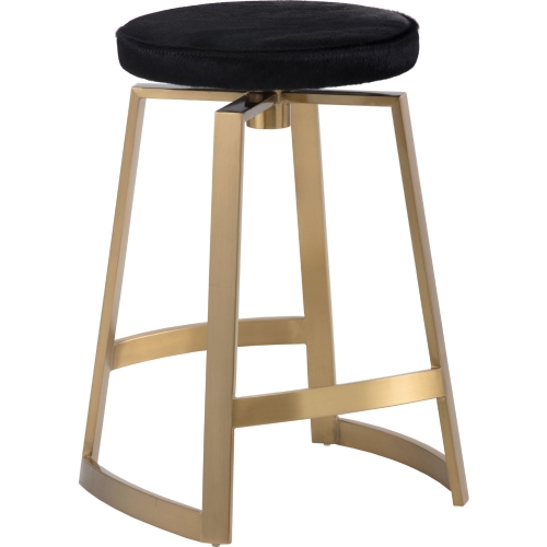 Hendrix Swivel Counter Stool in Black Cowhide & Gold Stainless Steel